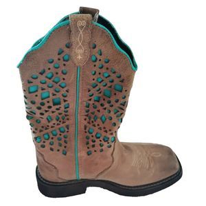 Justin Western Boots Square Toe Neutral/Teal Blue Leather L2909-Women's Sz 6.5B